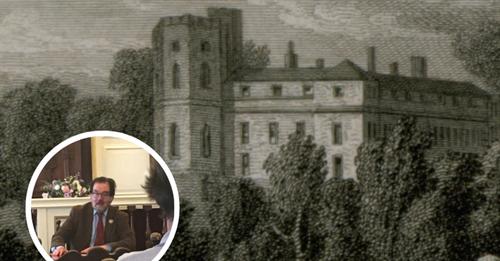 A historical illustration of a building with a tower, featuring a framed portrait of Leslie Grout discussing a book in a meeting room setting.