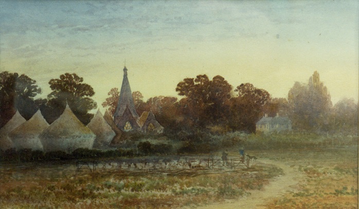A watercolor painting depicting a rural scene with a small church, tents, and individuals in a field, surrounded by trees.