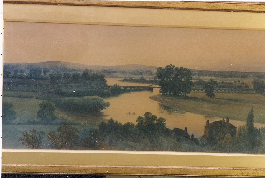 Landscape painting depicting a serene river scene with trees along the banks and hills in the background, framed in wood.