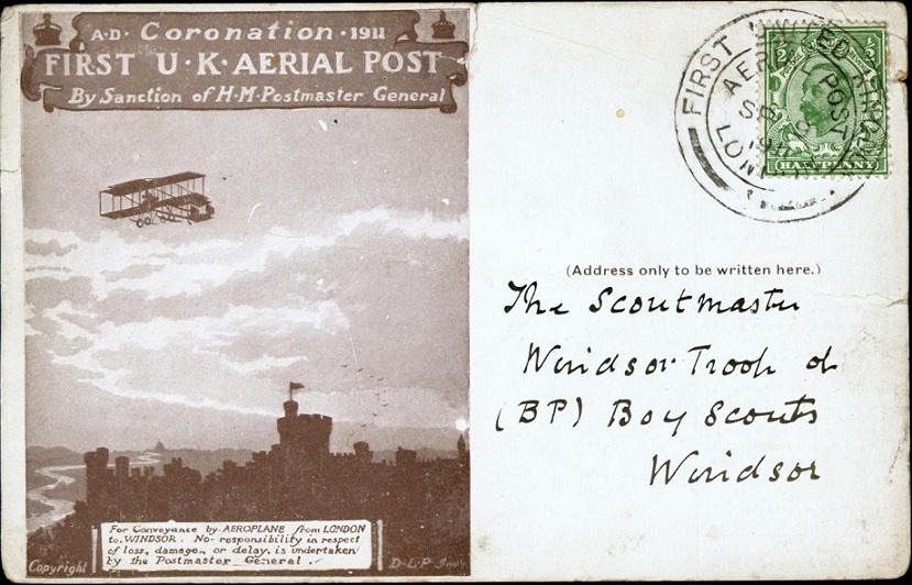 Postcard commemorating the first aerial post in the UK, featuring an illustration of a Bleriot XI aircraft flying over Windsor, with handwritten address details on the reverse.