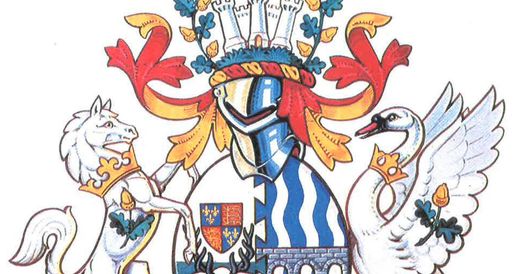 The coat of arms featuring a crowned helmet, a horse, and a swan, with intricate floral designs and shields, representing the Royal Borough of Windsor.