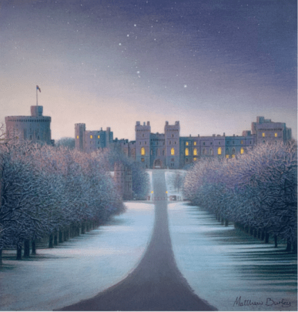 Our Christmas Card: a winter scene depicting Windsor Castle, illuminated against a starry sky, with snow-covered pathways and trees lining the approach.