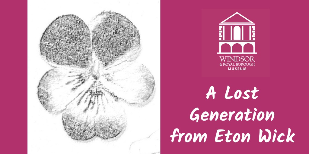 A monochrome illustration of a flower on a pink background, with the logo of the Windsor & Royal Borough Museum and the text 'A Lost Generation from Eton Wick'.