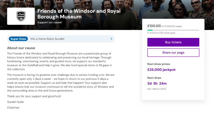 Screenshot of the Friends of the Windsor and Royal Borough Museum fundraising page, showing progress towards a ticket goal, a message about the museum's mission, and options to buy tickets.