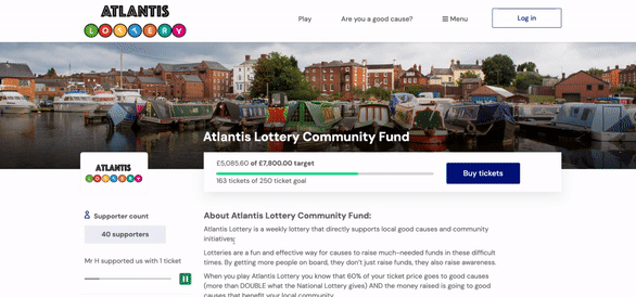 Screenshot of the Atlantis Lottery Community Fund webpage displaying the fundraising target, ticket progress, and a 'Buy tickets' button.