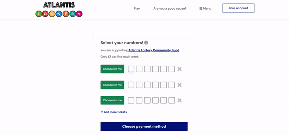 Screenshot of the Atlantis Lottery ticket selection interface, showing options to choose numbers and payment method.