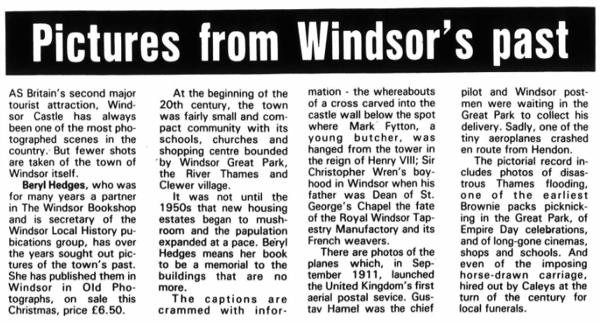 A newspaper clipping titled 'Pictures from Windsor's past' featuring an article about Beryl Hedges and her contributions to local history through publishing photographs of Windsor.