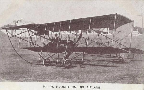 A historical photograph of Mr. H. Pequet seated in his biplane, showcasing early aviation technology.