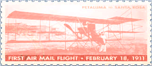 Commemorative stamp celebrating the first airmail flight from Petaluma to Santa Rosa on February 18, 1911, featuring a biplane with a pilot and passenger.