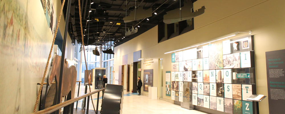 Interior view of the Chimczuk Museum in Windsor, Ontario, showcasing exhibits and historical artifacts.