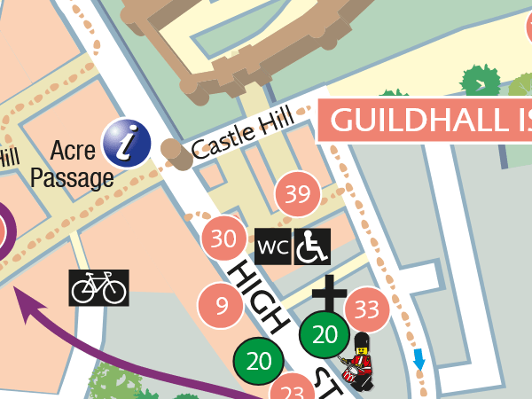 Map showing the location of the Guildhall and nearby attractions in Windsor, including marked points of interest and accessible facilities.
