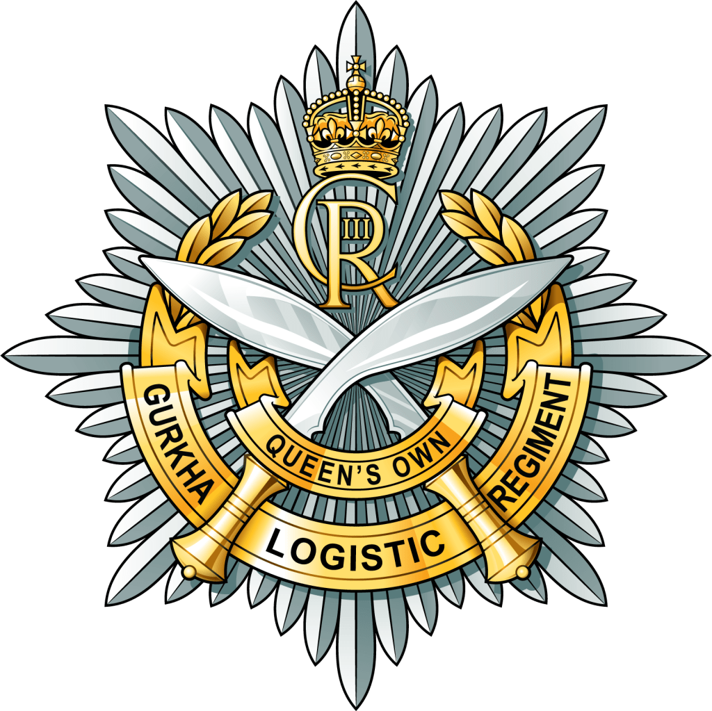 Emblem of the Queen's Own Gurkha Logistic Regiment featuring two crossed swords and a crown.