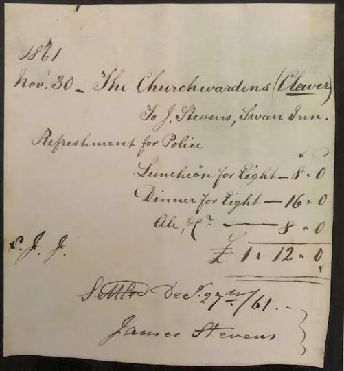 A historical receipt dated November 30, 1861, from James Stevens, landlord of The Swan in Clewer Village, detailing charges for refreshments provided for police, including lunch, dinner, and ale.
