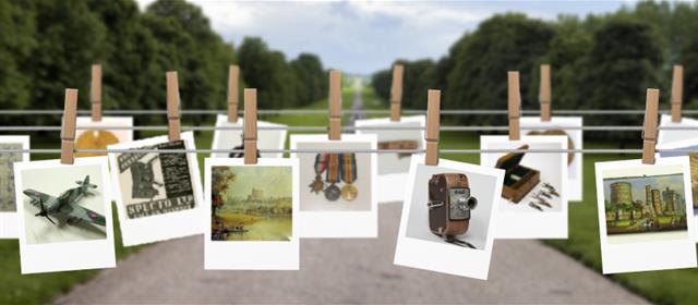 A series of photographs featuring various historical objects hanging from a clothesline in an outdoor setting, with a pathway and greenery in the background.